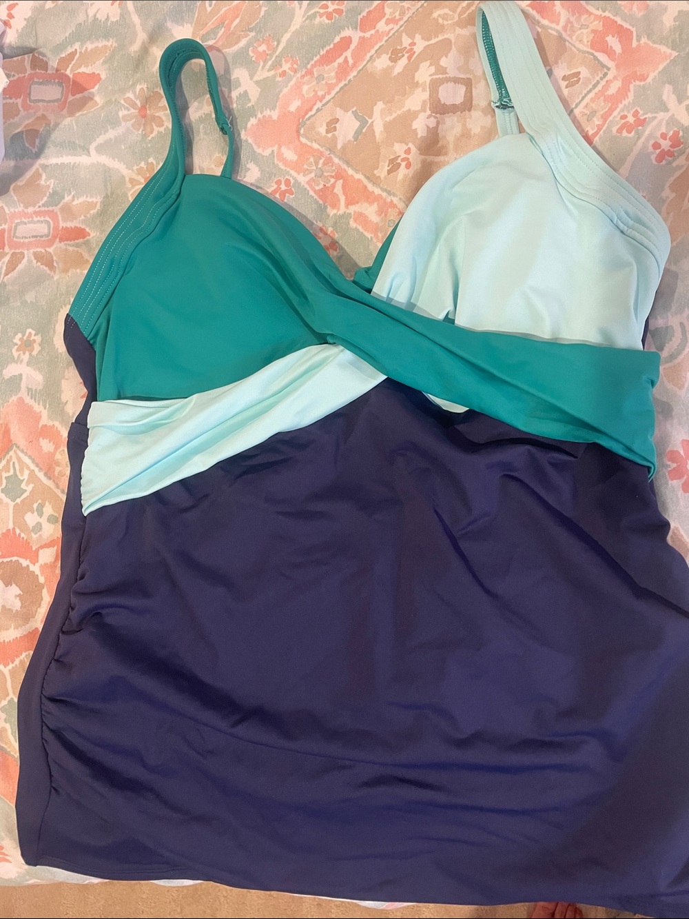 Lands' End-Navy, Kelly green and Light green Colorblock Tankini top Swimsuit NWT